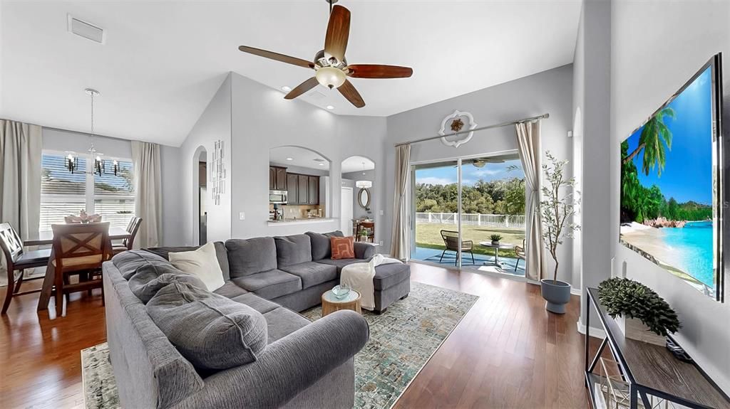 Dining room, Interior, Living room, Pendant Lights, Recessed Lighting, Water, Wood Texture Flooring