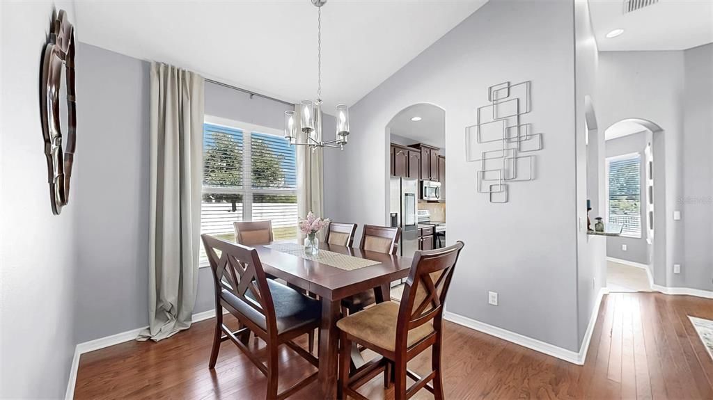 Dining room, Interior, Pendant Lights, Recessed Lighting, Wood Texture Flooring