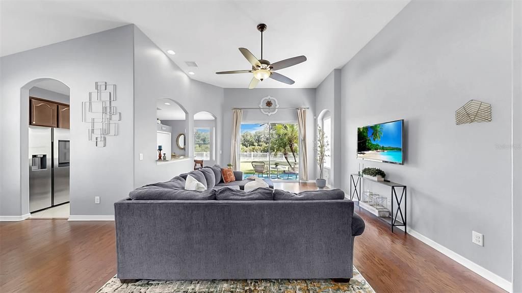 Interior, Living room, Recessed Lighting, Stainless Steel Appliances, Wood Texture Flooring