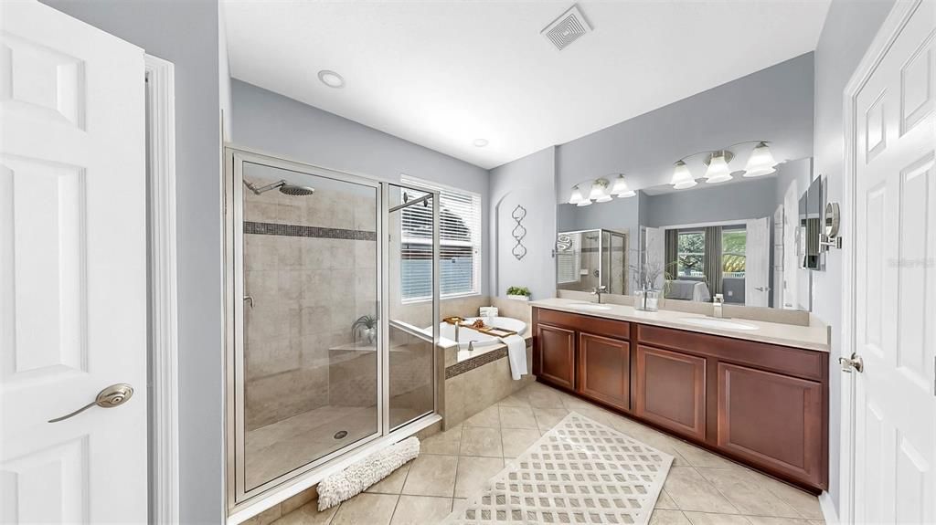 Bathroom, Dual Sink Vanities, Glass Shower, Interior, Recessed Lighting