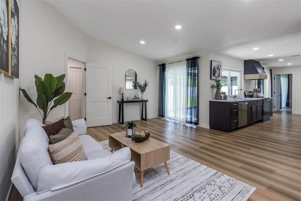 Interior, Kitchen, Living room, Recessed Lighting, Wood Texture Flooring