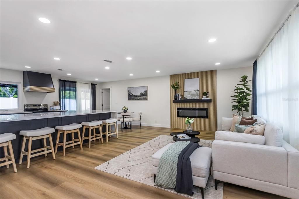 Dining room, Interior, Living room, Recessed Lighting, Wood Texture Flooring