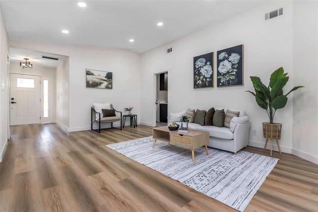 Interior, Living room, Recessed Lighting, Wood Texture Flooring