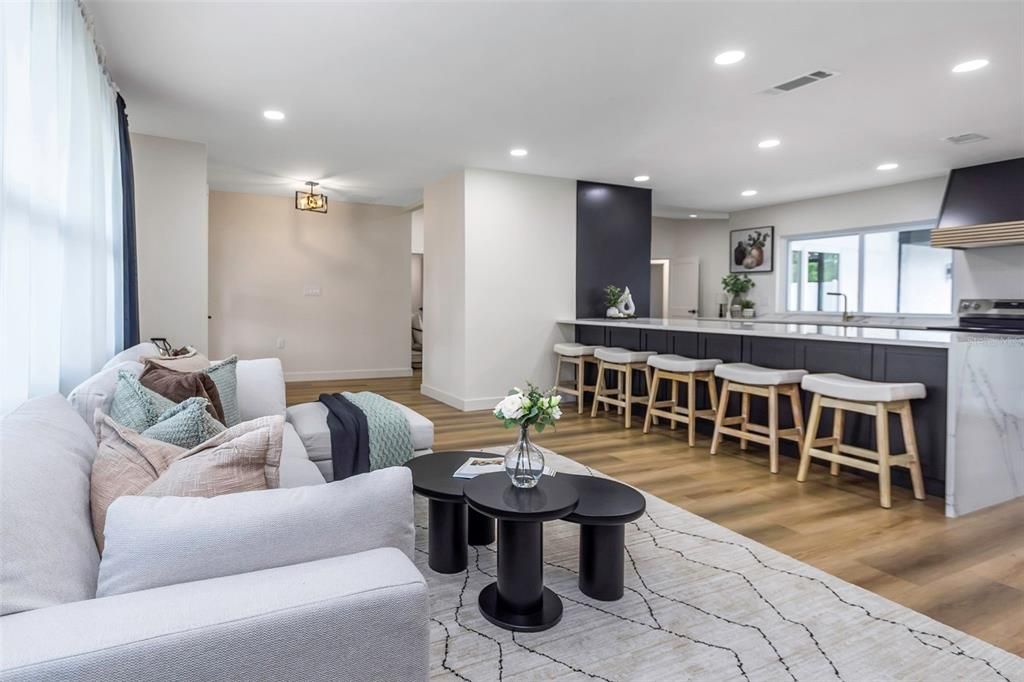 Interior, Kitchen, Living room, Recessed Lighting, Wood Texture Flooring