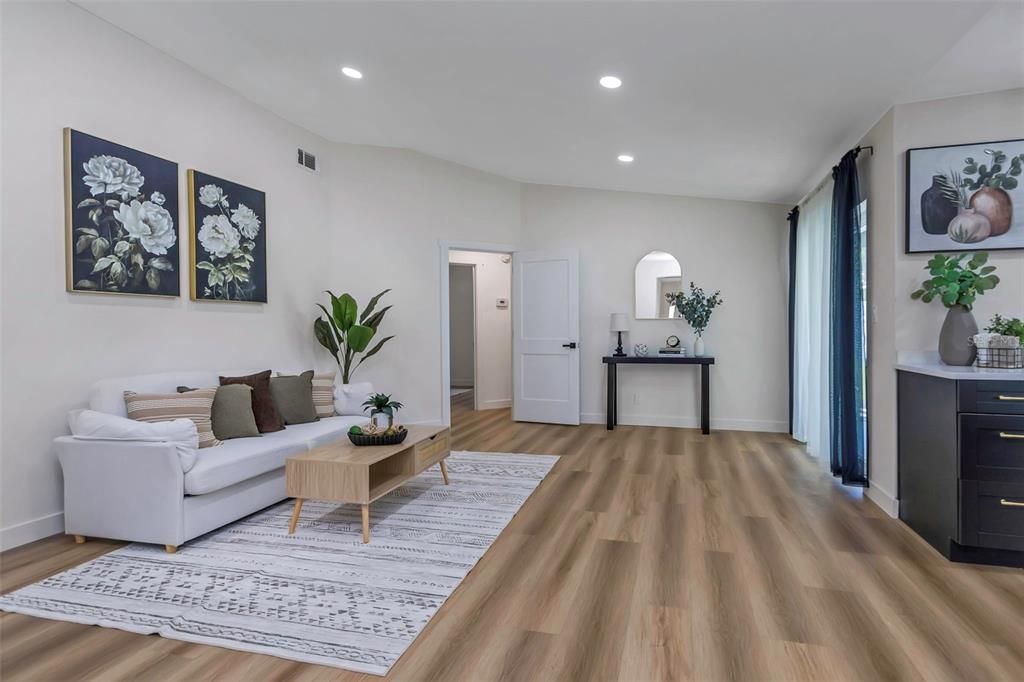 Interior, Living room, Recessed Lighting, Wood Texture Flooring
