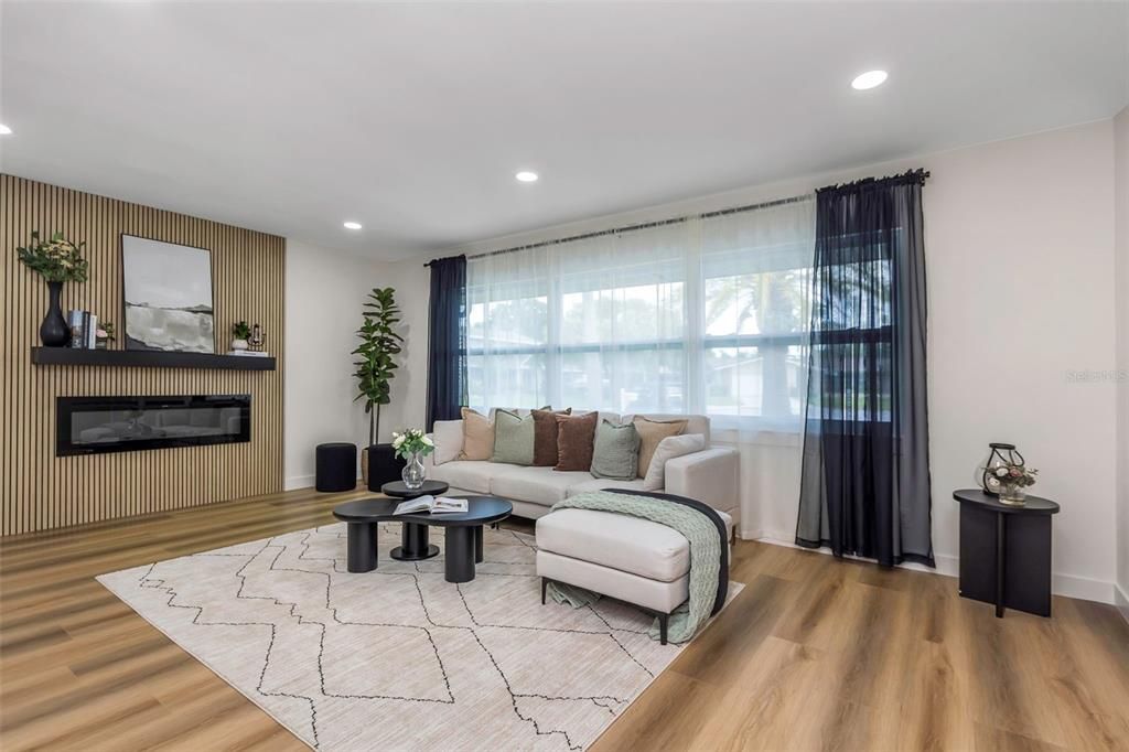 Fireplace, Interior, Living room, Recessed Lighting, Wood Texture Flooring