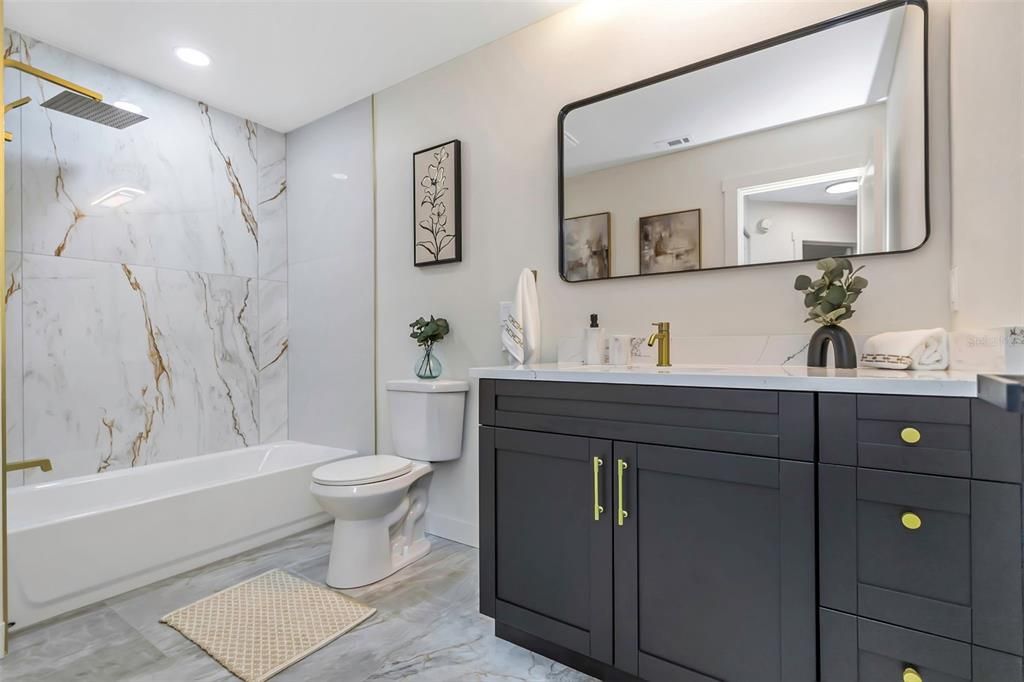 Bathroom, Interior, Marble, Marble Walls, Recessed Lighting