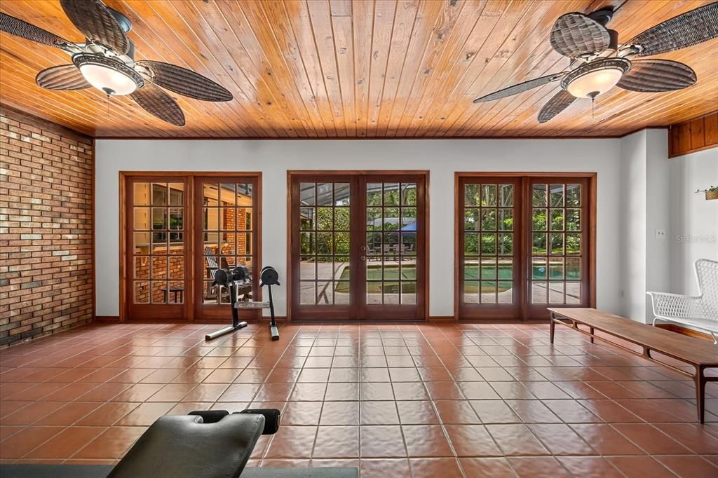 Interior, Recessed Lighting, Stone Walls, Wooden Ceilings