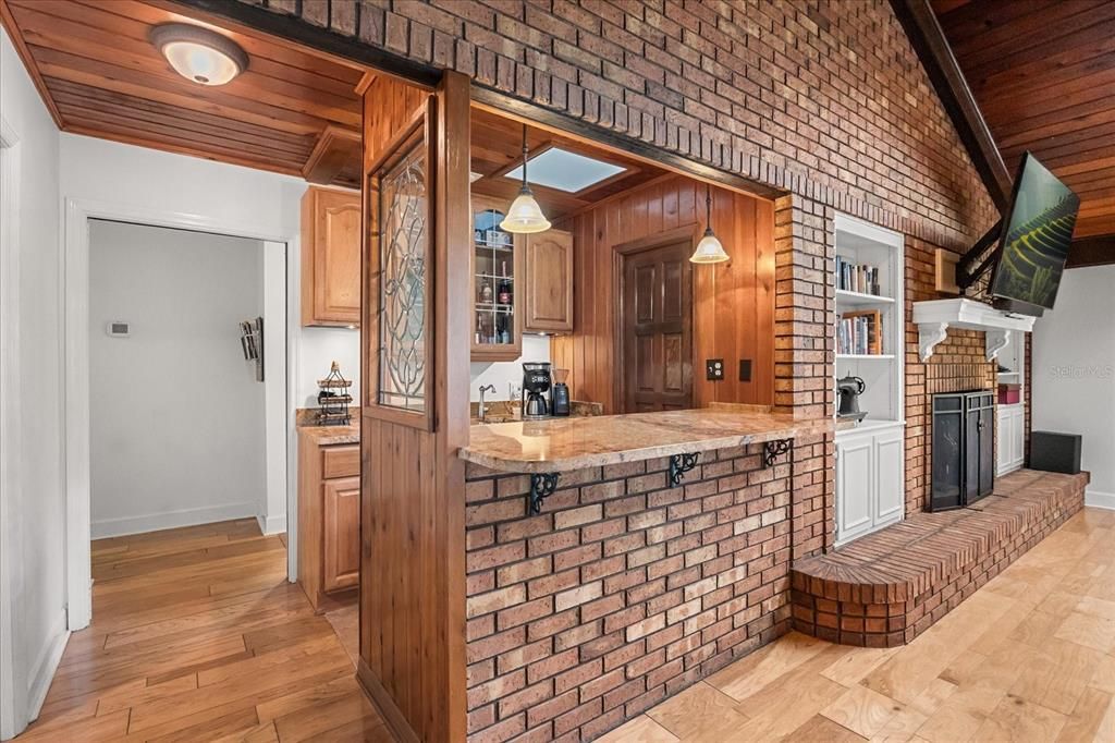 Fireplace, Interior, Kitchen, Pendant Lights, Stone Walls, Wooden Ceilings, Wood Texture Flooring