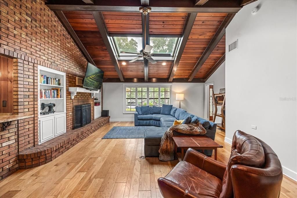 Fireplace, Interior, Living room, Recessed Lighting, Stone Walls, Wooden Beams, Wooden Ceilings, Wood Texture Flooring
