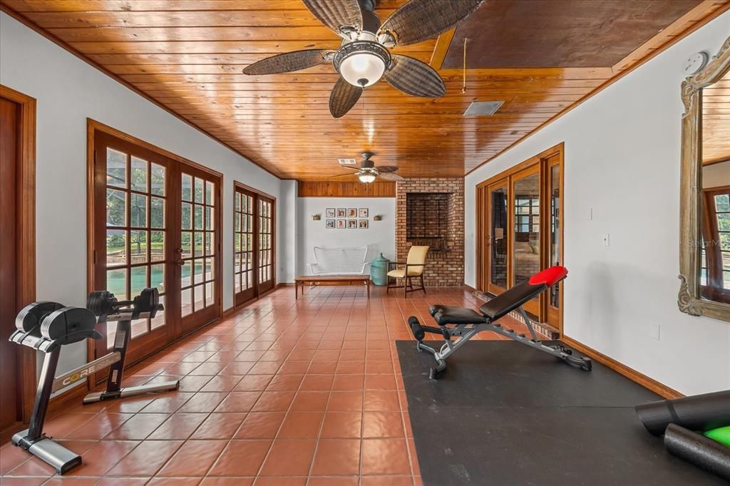 Fitness Equipment, Interior, Stone Walls, Wooden Ceilings