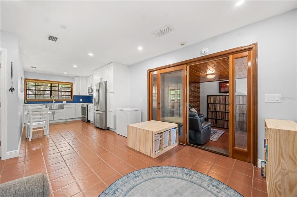 Interior, Kitchen, Recessed Lighting, Stainless Steel Appliances, Stone Walls