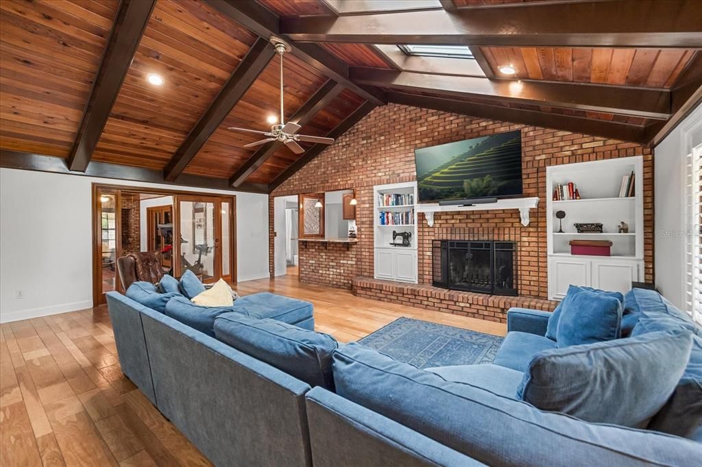 Fireplace, Interior, Living room, Recessed Lighting, Stone Walls, Wooden Beams, Wooden Ceilings, Wood Texture Flooring