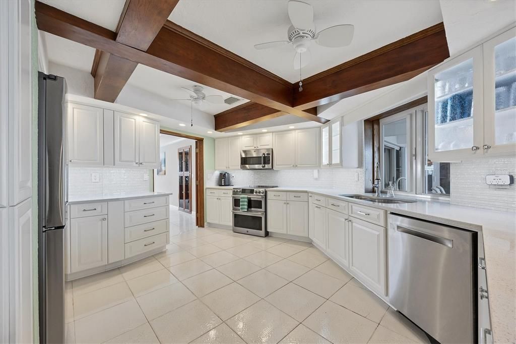 Interior, Kitchen, Recessed Lighting, Stainless Steel Appliances, Wooden Beams