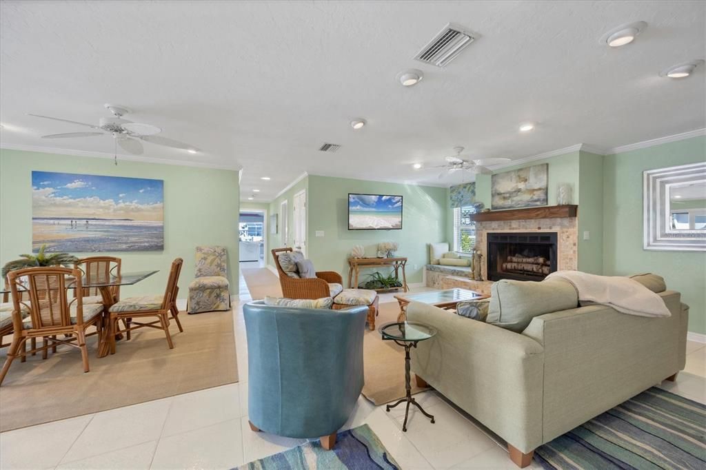 Dining room, Fireplace, Interior, Living room, Recessed Lighting