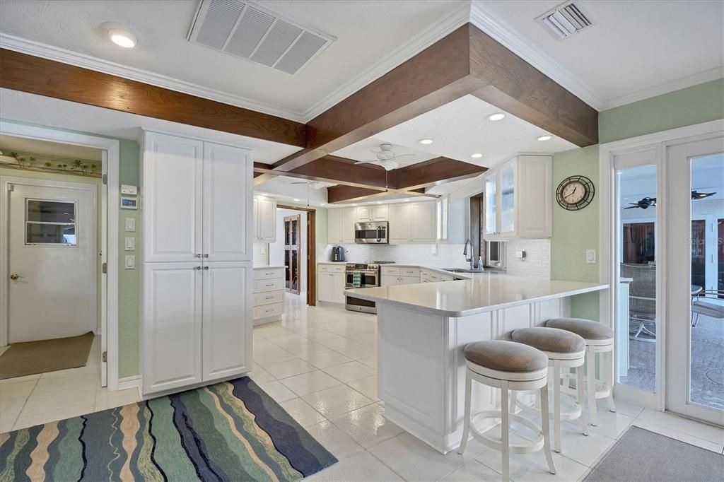Interior, Kitchen, Recessed Lighting, Stainless Steel Appliances, Wooden Beams