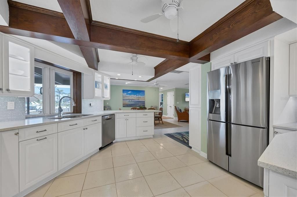 Interior, Kitchen, Recessed Lighting, Stainless Steel Appliances, Wooden Beams