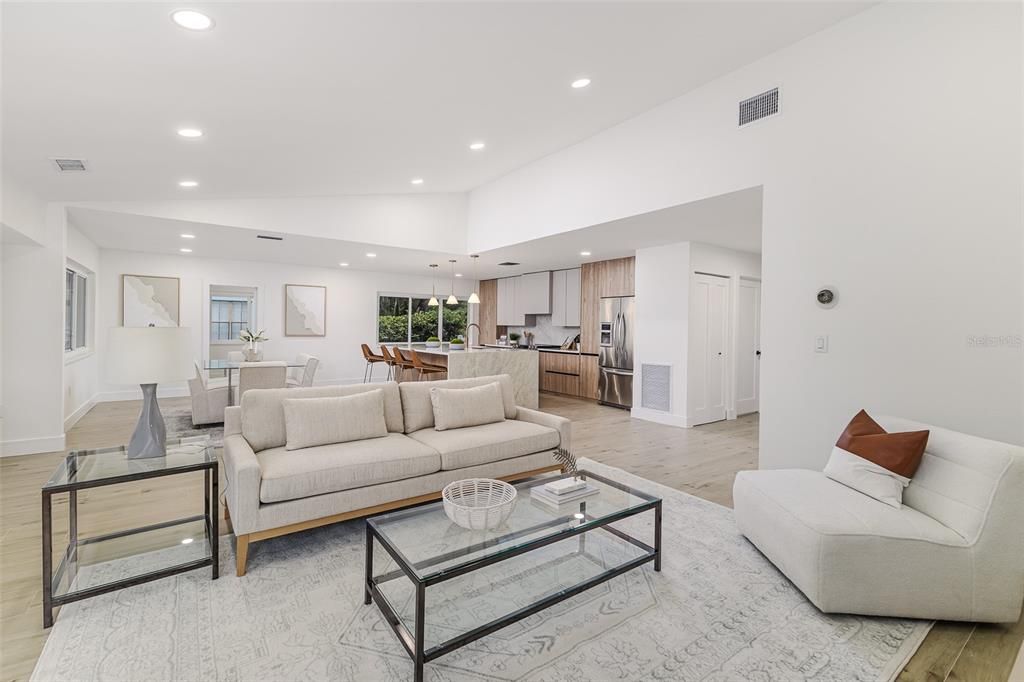 Dining room, Interior, Kitchen, Living room, Pendant Lights, Recessed Lighting, Stainless Steel Appliances, Wood Texture Flooring
