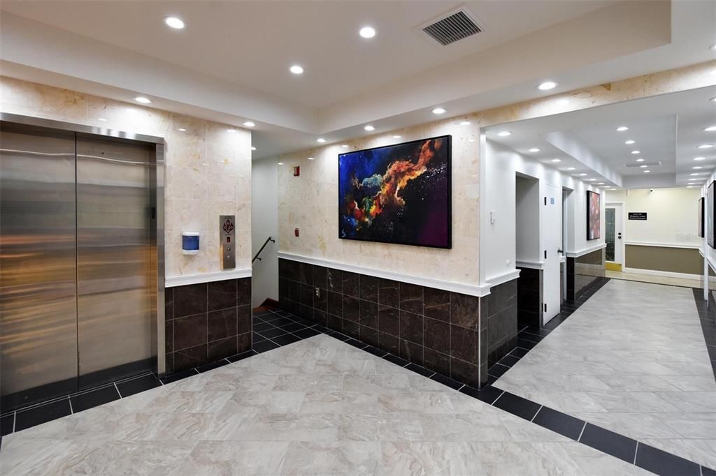 Elevator, Interior, Marble, Recessed Lighting