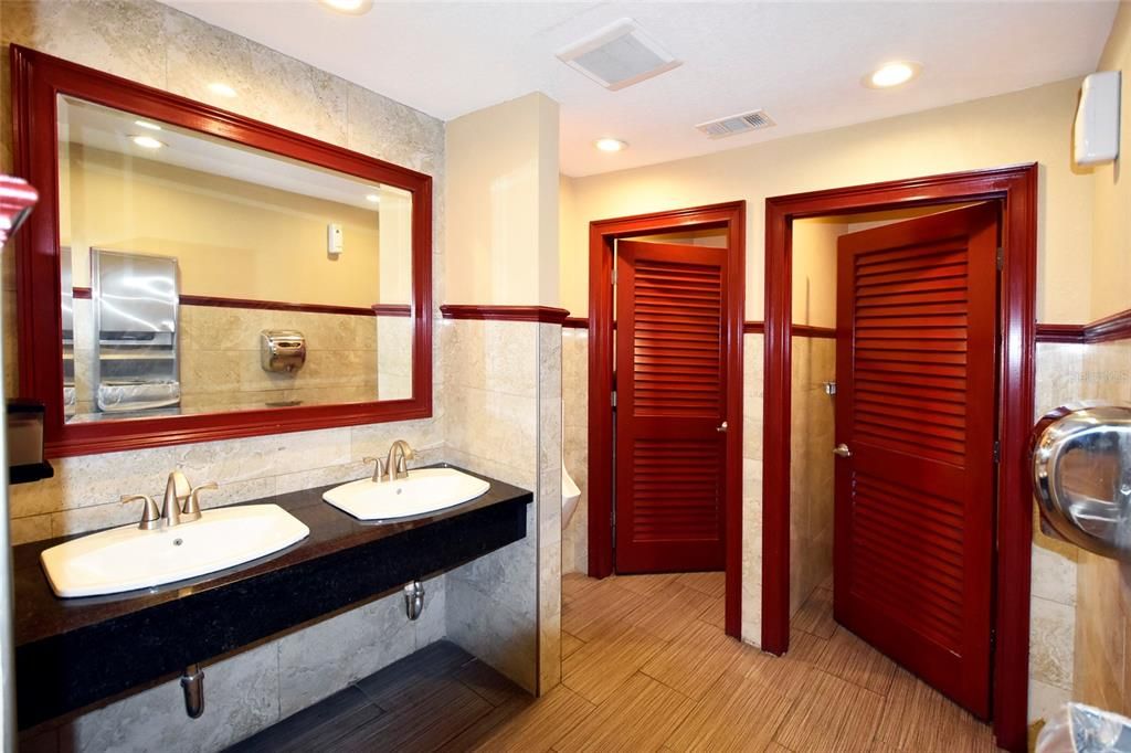 Bathroom, Dual Sink Vanities, Interior, Recessed Lighting, Wood Texture Flooring