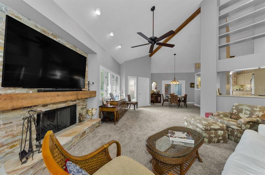 Dining room, Fireplace, Interior, Living room, Pendant Lights, Recessed Lighting