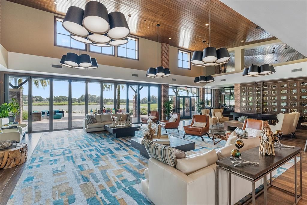 Interior, Living room, Pendant Lights, Recessed Lighting, Water, Wooden Ceilings, Wood Texture Flooring