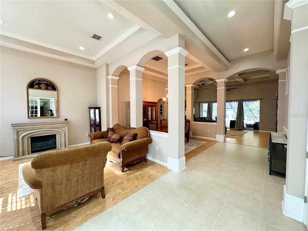 Fireplace, Interior, Living room, Recessed Lighting, Wood Texture Flooring