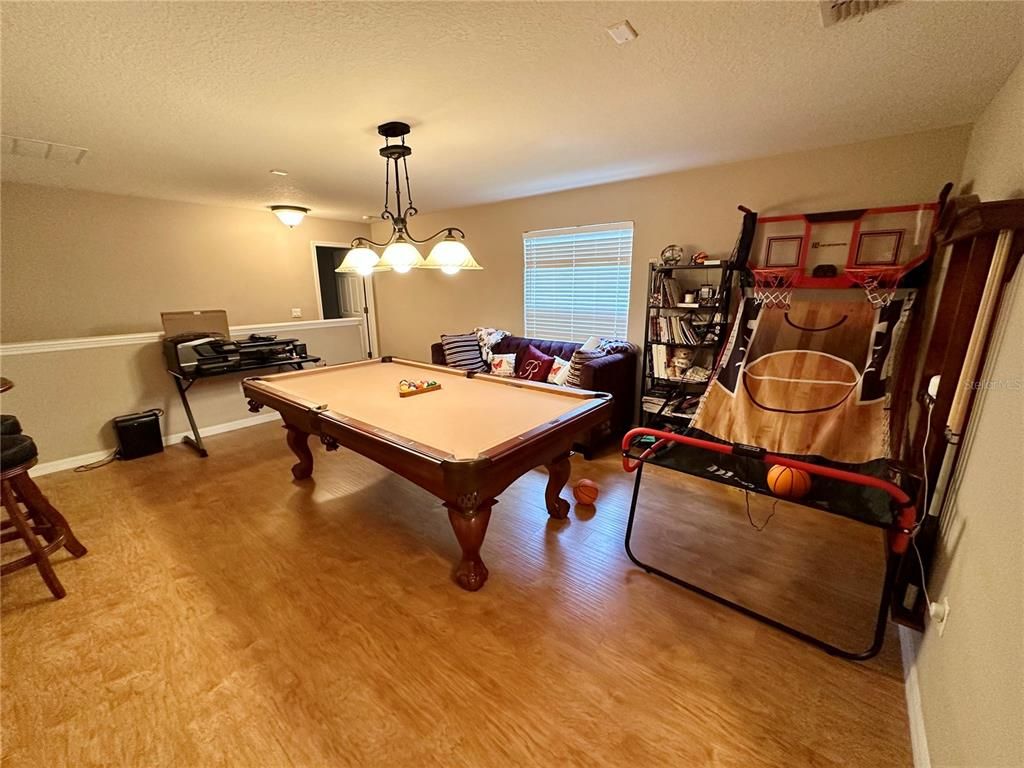 Billiard Table, Game Room, Interior, Pendant Lights, Wood Texture Flooring