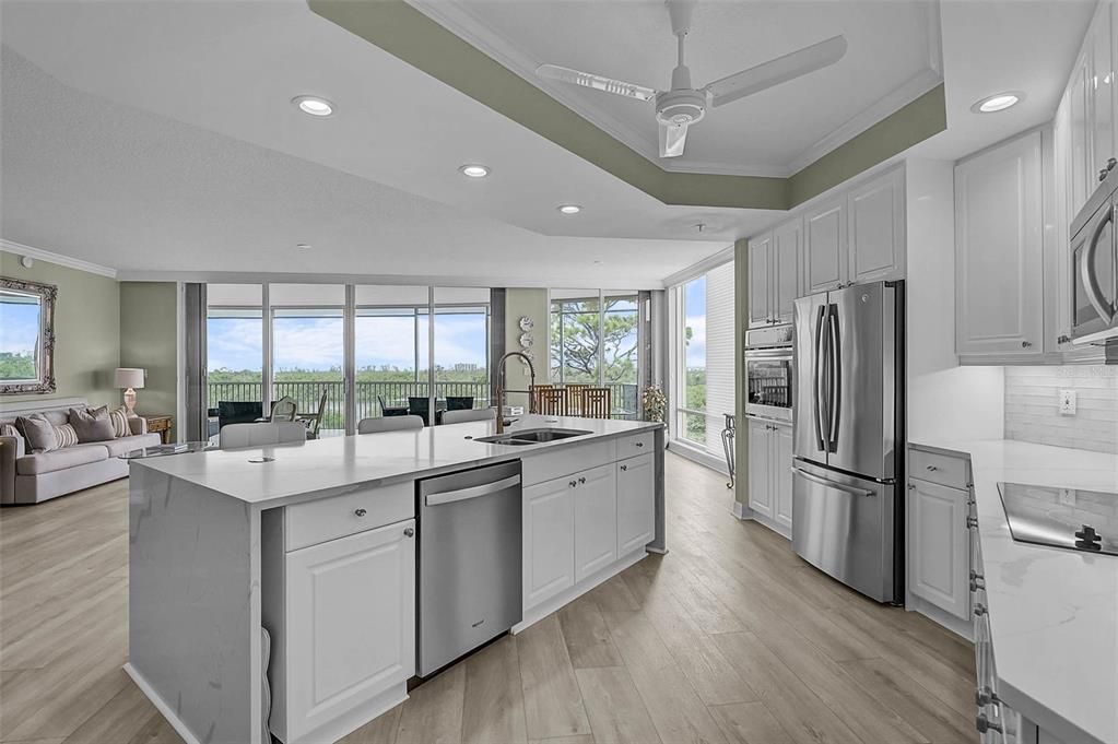 Interior, Kitchen, Living room, Recessed Lighting, Stainless Steel Appliances, Wood Texture Flooring