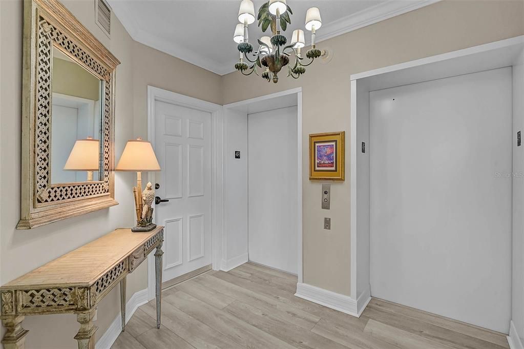 Chandelier, Elevator, Interior, Wood Texture Flooring