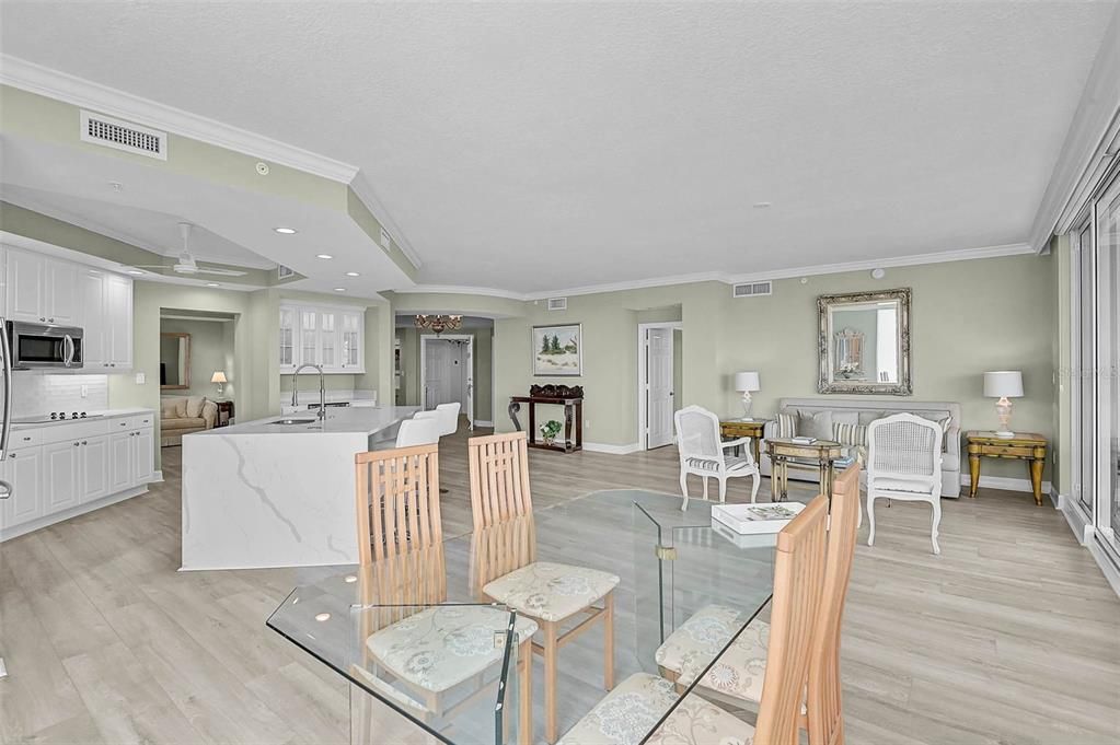 Dining room, Interior, Kitchen, Living room, Recessed Lighting, Wood Texture Flooring