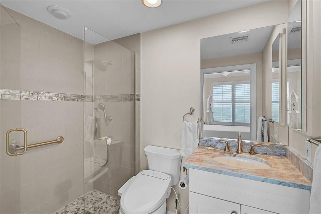 Bathroom, Glass Shower, Interior, Recessed Lighting, Tile Countertops, Water