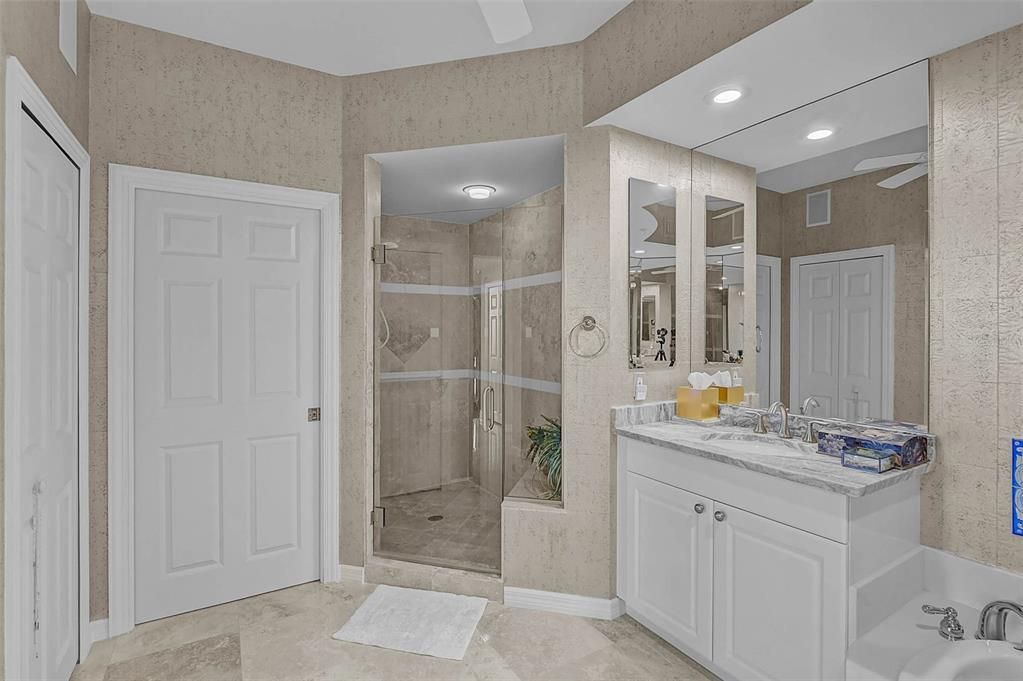 Bathroom, Dual Sink Vanities, Glass Shower, Interior, Recessed Lighting