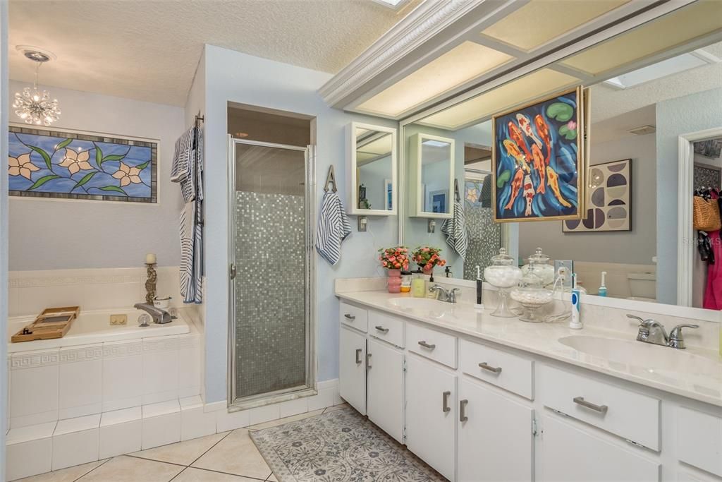 Bathroom, Dual Sink Vanities, Glass Shower, Interior, Pendant Lights