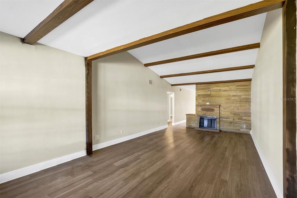 Empty room, Fireplace, Interior, Wooden Beams, Wood Texture Flooring, Wooden Walls