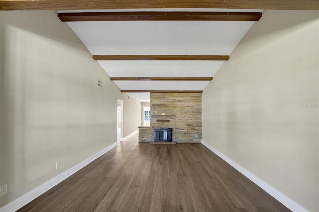 Empty room, Fireplace, Interior, Wooden Beams, Wood Texture Flooring
