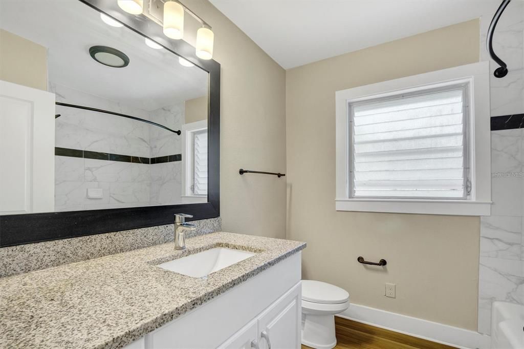 Bathroom, Interior, Marble Walls, Wood Texture Flooring