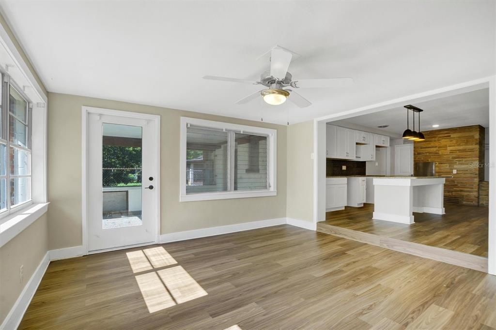 Empty room, Interior, Kitchen, Pendant Lights, Recessed Lighting, Wood Texture Flooring