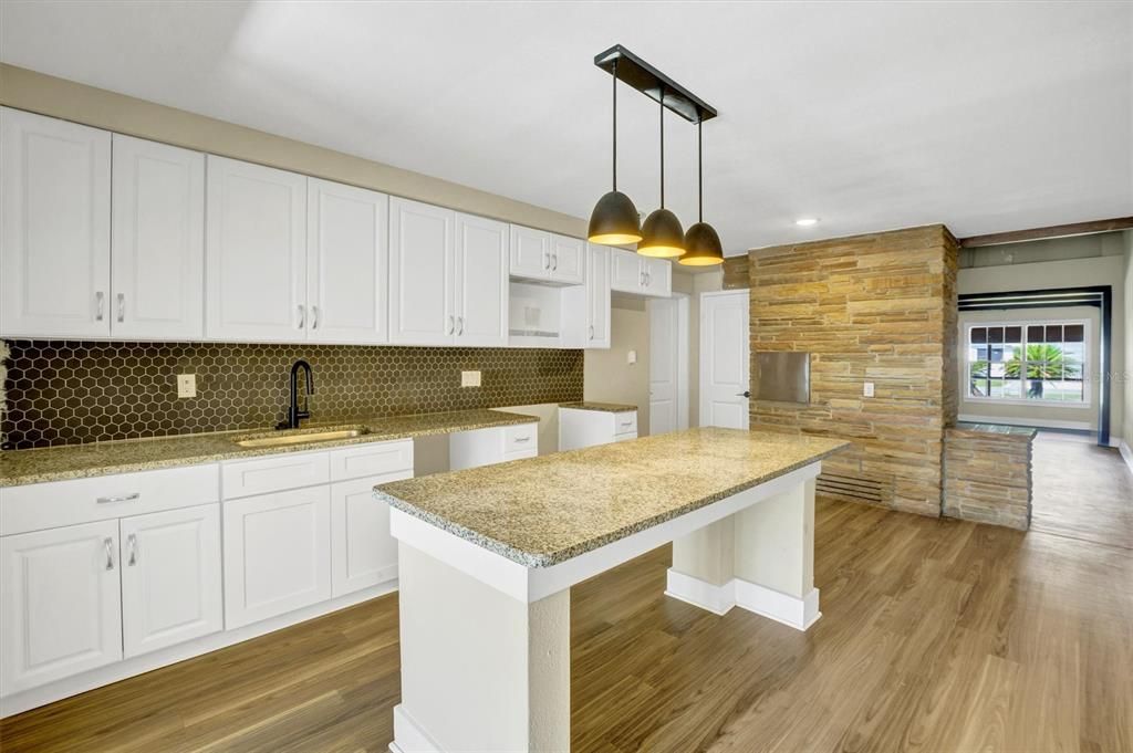 Interior, Kitchen, Pendant Lights, Recessed Lighting, Wood Texture Flooring, Wooden Walls