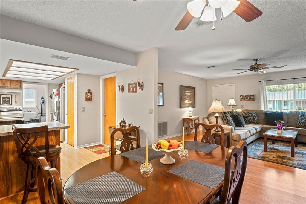 Dining room, Interior, Kitchen, Living room, Stainless Steel Appliances, Wood Texture Flooring