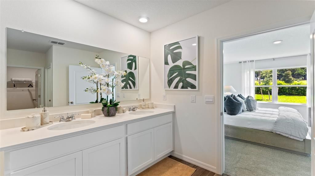 Bathroom, Bedroom, Dual Sink Vanities, Interior, Recessed Lighting, Wood Texture Flooring