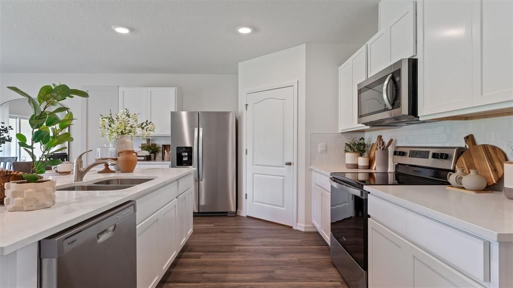 Interior, Kitchen, Recessed Lighting, Stainless Steel Appliances, Wood Texture Flooring