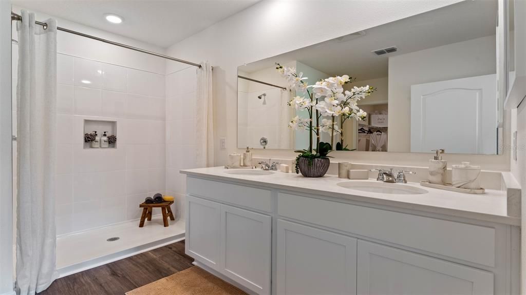 Bathroom, Dual Sink Vanities, Interior, Recessed Lighting, Wood Texture Flooring