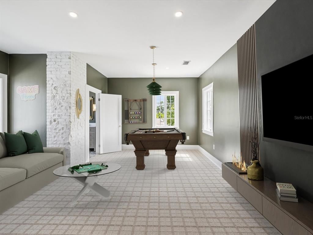 Billiard Table, Game Room, Interior, Pendant Lights, Recessed Lighting, Stone Walls