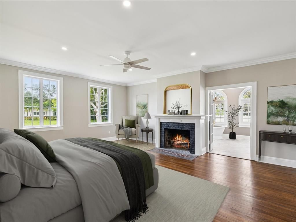 Bedroom, Fireplace, Interior, Recessed Lighting, Wood Texture Flooring