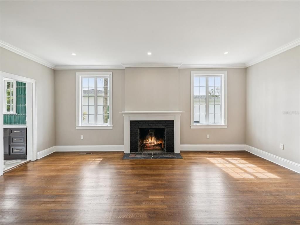 Empty room, Fireplace, Interior, Recessed Lighting, Wood Texture Flooring