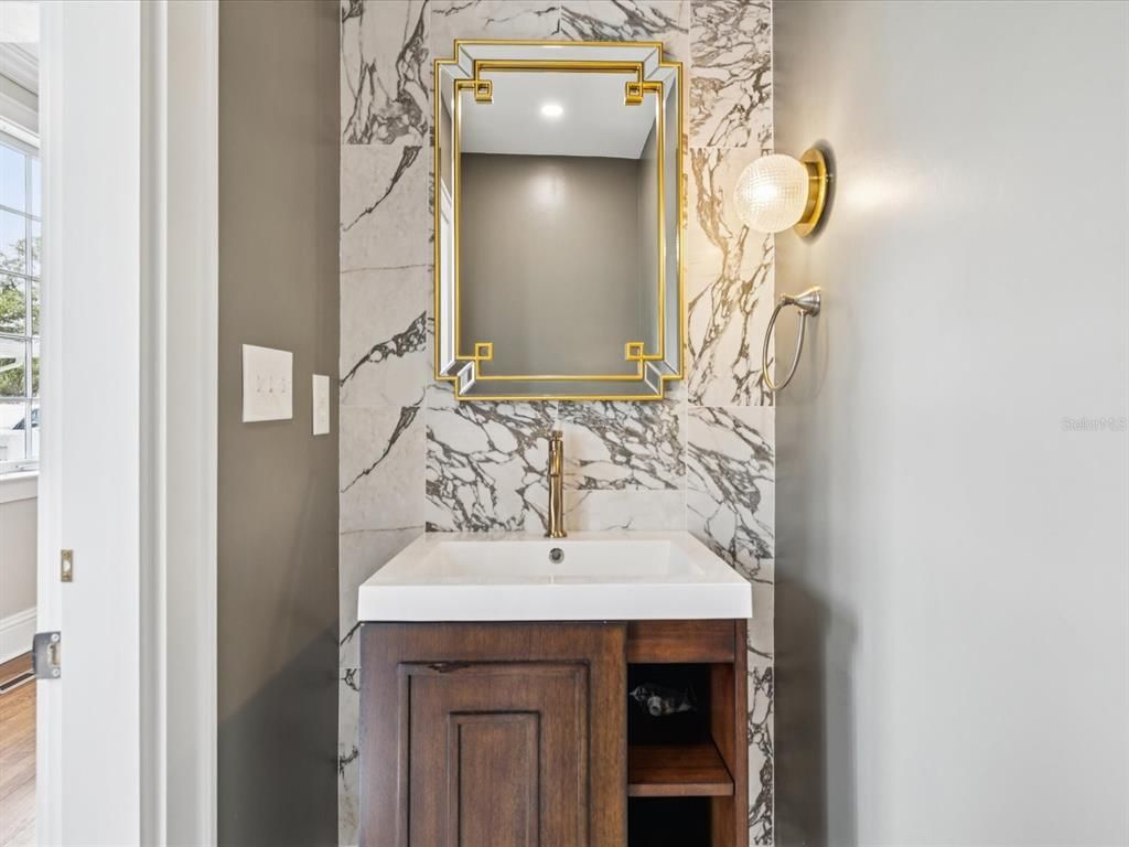 Bathroom, Interior, Marble Walls, Wood Texture Flooring