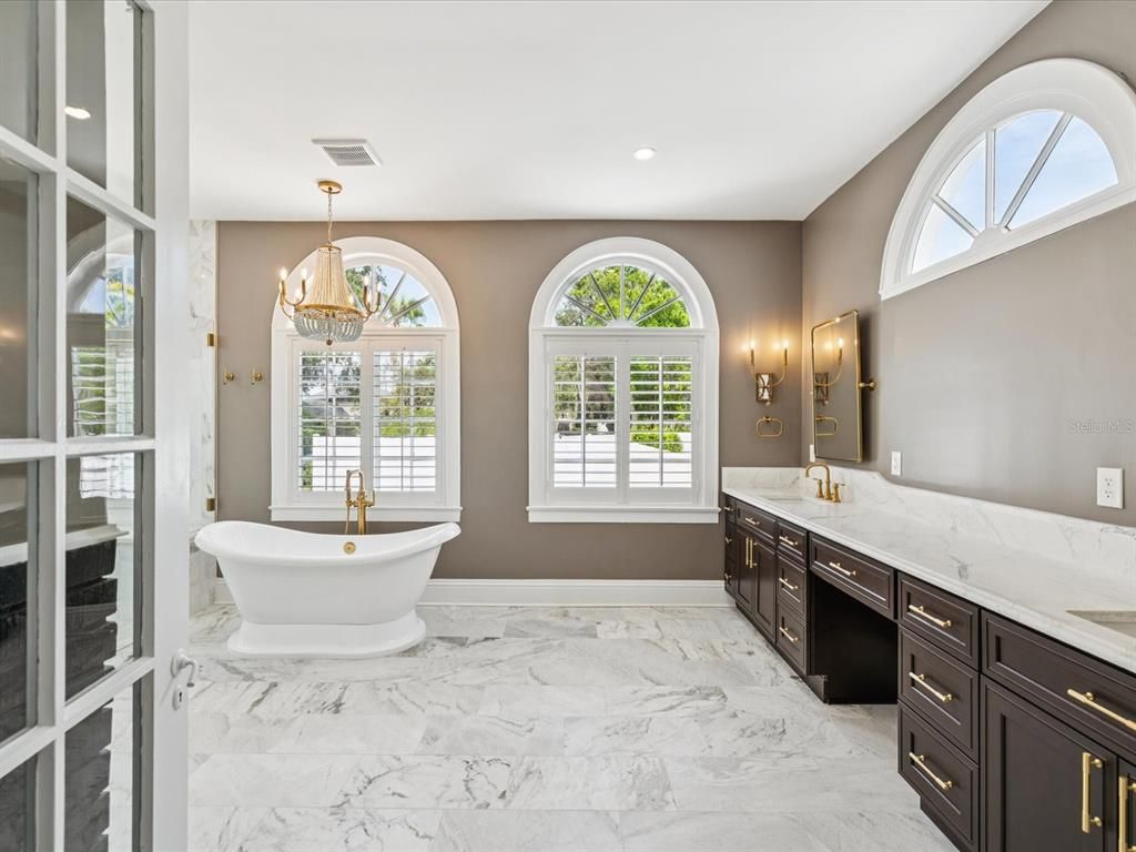Bathroom, Dual Sink Vanities, Free Standing Baths, Interior, Marble, Pendant Lights, Recessed Lighting
