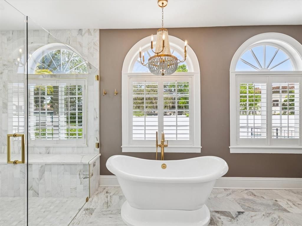 Bathroom, Chandelier, Free Standing Baths, Glass Shower, Interior, Marble, Marble Walls, Pendant Lights