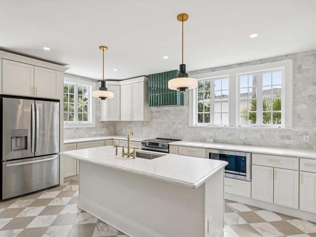 Interior, Kitchen, Marble, Pendant Lights, Recessed Lighting, Stainless Steel Appliances